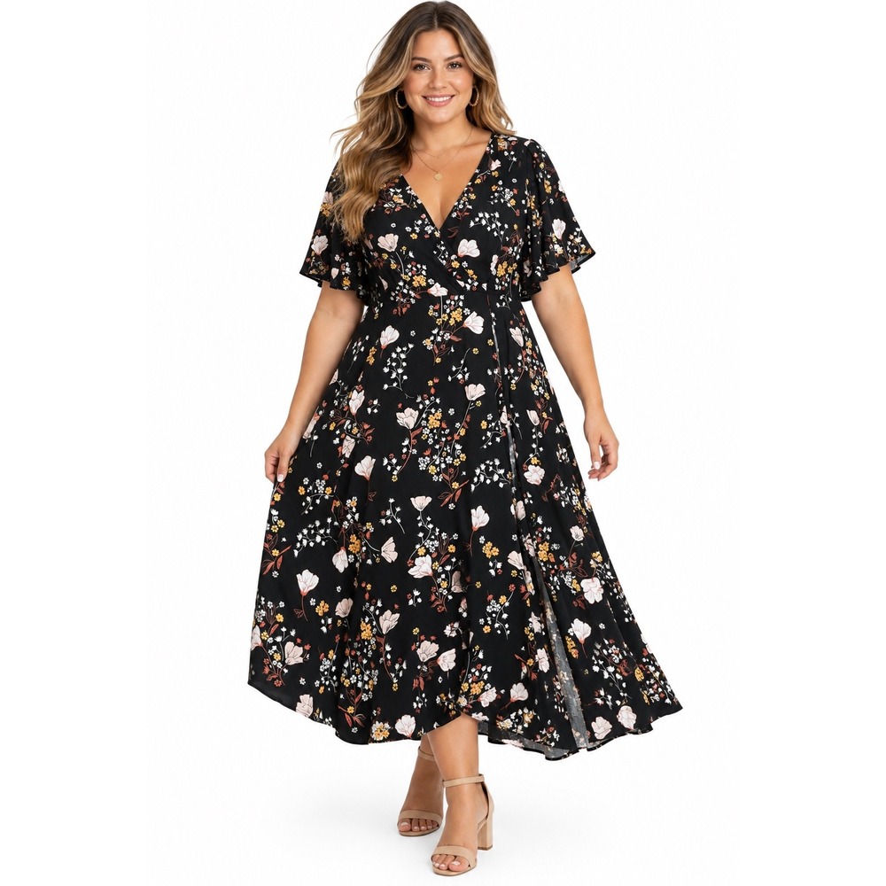 Torrid Black Floral Faux Wrap Midi Dress Short Flutter Sleeve 1 X Brunch Boho